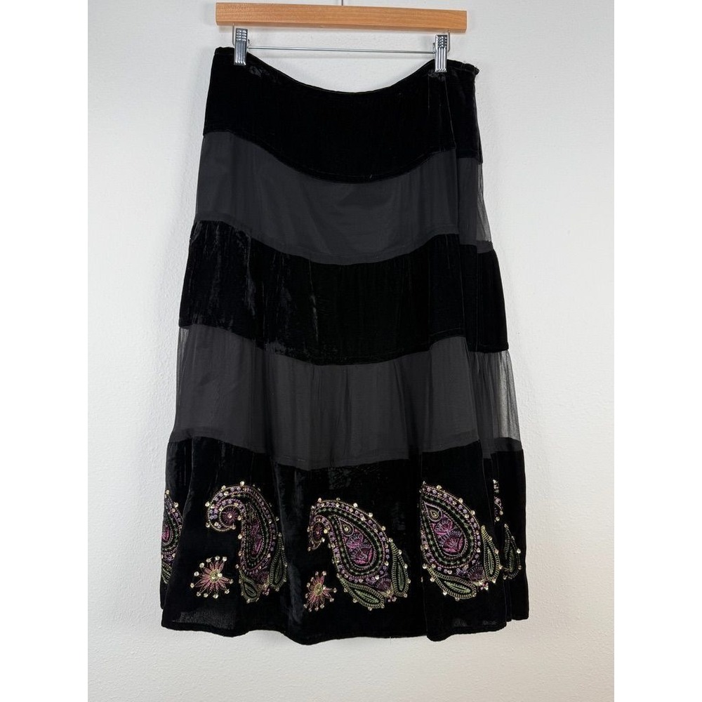 Carole Little Black Velvet Mesh Tiered Paisley Embroidered Sequin Midi Skirt 10